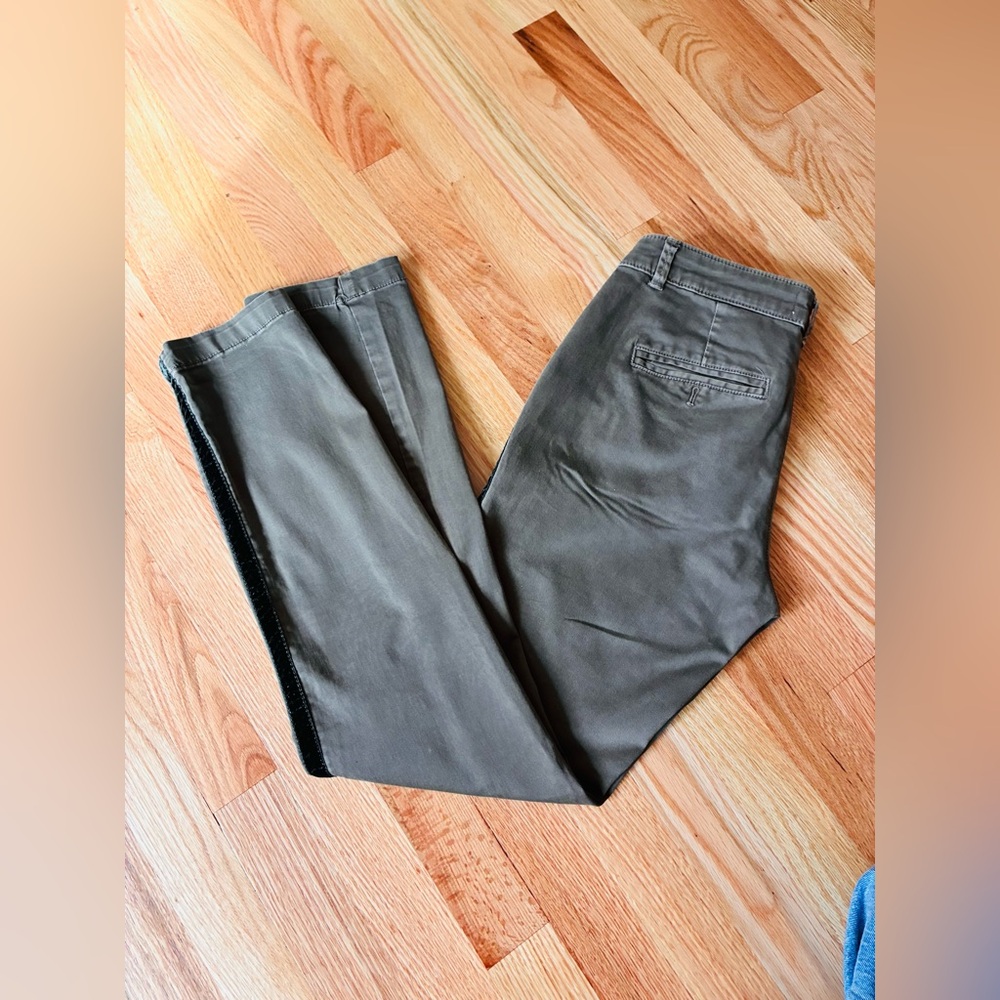 Anthropologie Stylish Olive Green‎ Pants with green velvet Stripe - Picture 3 of 7